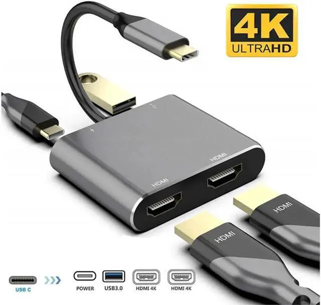 Main image of JAENFONG USB C to Dual HDMI Adapter, USB C Multiport Adapter Hub with 4K HDMI, USB 3.0 Hub and Type C to HDMI Converter for MacBook/MacBook Pro 2020/2019/2018,Dell XPS 13/15,Surface Book 2, etc (Gray)