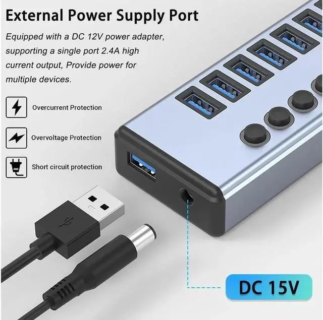 Alt view image 6 of 7 - Powered USB Hub 3.0, 10-Port Aluminum USB 3.0 Hub Splitter (Support Smart Charging + Faster Data Transfer) with Individual LED On/Off Switches Powered Hub 3.0 for PC, Laptop (with US Power Adap