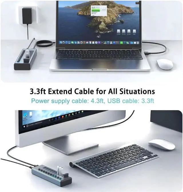 Alt view image 3 of 7 - Powered USB Hub 3.0, 10-Port Aluminum USB 3.0 Hub Splitter (Support Smart Charging + Faster Data Transfer) with Individual LED On/Off Switches Powered Hub 3.0 for PC, Laptop (with US Power Adap