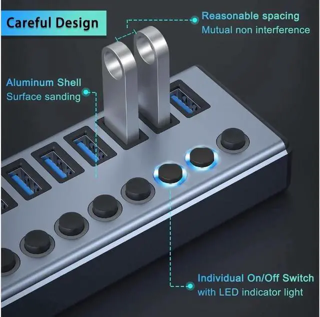 Alt view image 5 of 7 - Powered USB Hub 3.0, 10-Port Aluminum USB 3.0 Hub Splitter (Support Smart Charging + Faster Data Transfer) with Individual LED On/Off Switches Powered Hub 3.0 for PC, Laptop (with US Power Adap