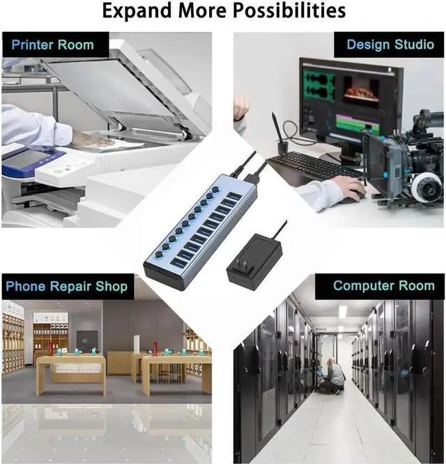 Alt view image 4 of 7 - Powered USB Hub 3.0, 10-Port Aluminum USB 3.0 Hub Splitter (Support Smart Charging + Faster Data Transfer) with Individual LED On/Off Switches Powered Hub 3.0 for PC, Laptop (with US Power Adap