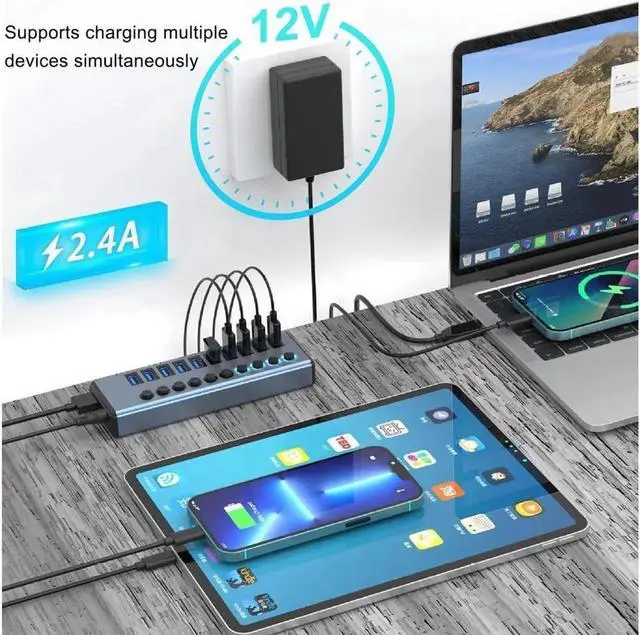 Alt view image 7 of 7 - Powered USB Hub 3.0, 10-Port Aluminum USB 3.0 Hub Splitter (Support Smart Charging + Faster Data Transfer) with Individual LED On/Off Switches Powered Hub 3.0 for PC, Laptop (with US Power Adap