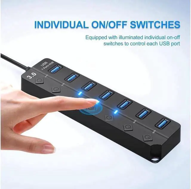 Alt view image 3 of 7 - JAENFONG USB Hub 3.0, 7-Port USB Hub Splitter with Individual On/Off Switches and Lights, 3.2ft/1m Long Cable Compatible with MacBook, Laptop, Surface Pro, PS4, PC, Flash Drive, Mobile HDD
