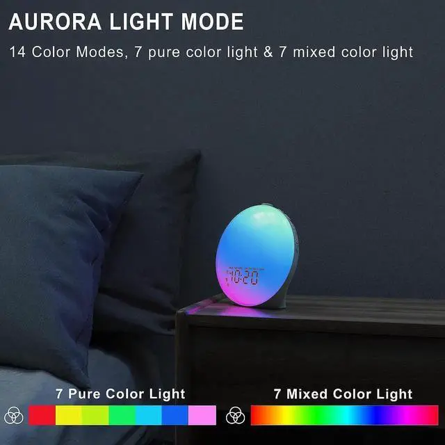 Alt view image 7 of 7 - Wake Up Light Sunrise Alarm Clock for Kids, Heavy Sleepers, Bedroom, Upgraded Full Screen with Sunrise Simulation, Sleep Aid, Dual Alarms,FM Radio,Nightlight,14 Colors, 7 Sounds, Ideal for Gift