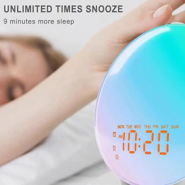 Alt view image 4 of 7 - Wake Up Light Sunrise Alarm Clock for Kids, Heavy Sleepers, Bedroom, Upgraded Full Screen with Sunrise Simulation, Sleep Aid, Dual Alarms,FM Radio,Nightlight,14 Colors, 7 Sounds, Ideal for Gift