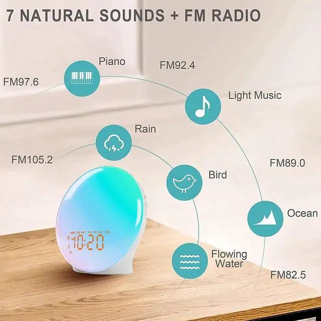 Alt view image 5 of 7 - Wake Up Light Sunrise Alarm Clock for Kids, Heavy Sleepers, Bedroom, Upgraded Full Screen with Sunrise Simulation, Sleep Aid, Dual Alarms,FM Radio,Nightlight,14 Colors, 7 Sounds, Ideal for Gift