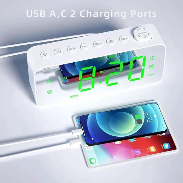 Alt view image 2 of 7 - JAENFONG Digital Alarm Clock for Bedroom with FM Radio,8-Color Font Dimmer, USB A,C 2 Charging Ports, Timer, Dual Alarm,Large Number Bedside Alarm Clock,for Adults Kids Teens Heavy Sleepers. White