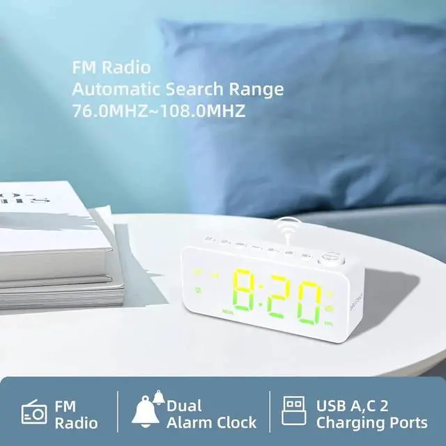 Alt view image 5 of 7 - JAENFONG Digital Alarm Clock for Bedroom with FM Radio,8-Color Font Dimmer, USB A,C 2 Charging Ports, Timer, Dual Alarm,Large Number Bedside Alarm Clock,for Adults Kids Teens Heavy Sleepers. White