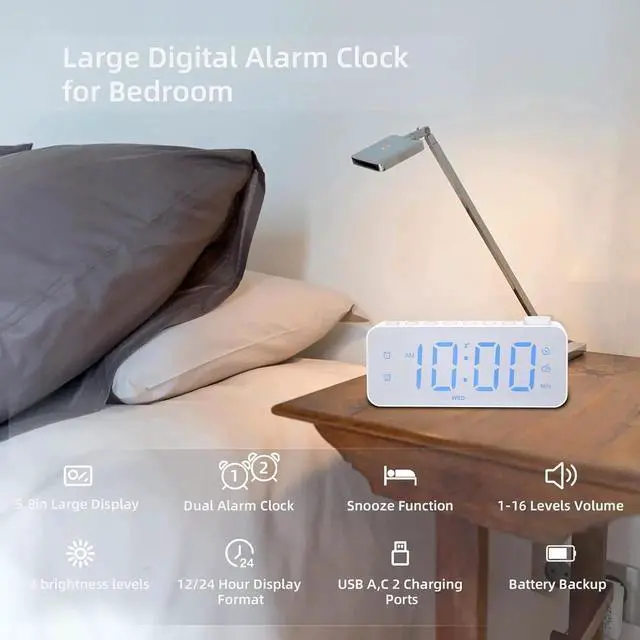 Alt view image 4 of 7 - JAENFONG Digital Alarm Clock for Bedroom with FM Radio,8-Color Font Dimmer, USB A,C 2 Charging Ports, Timer, Dual Alarm,Large Number Bedside Alarm Clock,for Adults Kids Teens Heavy Sleepers. White
