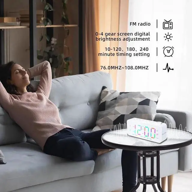 Alt view image 7 of 7 - JAENFONG Digital Alarm Clock for Bedroom with FM Radio,8-Color Font Dimmer, USB A,C 2 Charging Ports, Timer, Dual Alarm,Large Number Bedside Alarm Clock,for Adults Kids Teens Heavy Sleepers. White