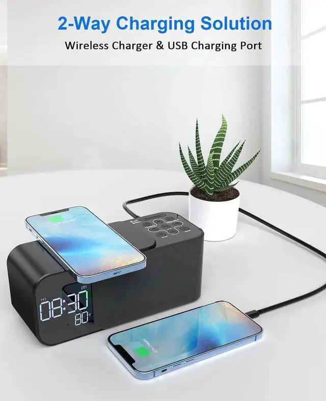 Alt view image 5 of 7 - JAENFONG Alarm Clock Radio with Wireless Charger, Clock Radio with Bluetooth Speaker & Aux, Dual Alarms with 8 Sounds, Snooze, USB Charging Port, 3 Levels Dimmer Nightlight for Bedroom