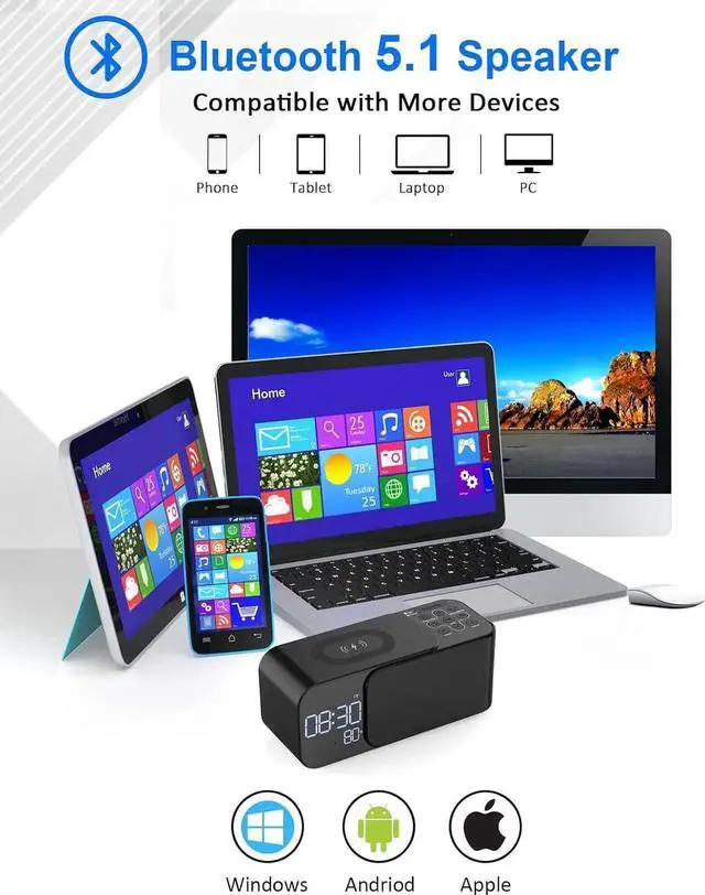 Alt view image 4 of 7 - JAENFONG Alarm Clock Radio with Wireless Charger, Clock Radio with Bluetooth Speaker & Aux, Dual Alarms with 8 Sounds, Snooze, USB Charging Port, 3 Levels Dimmer Nightlight for Bedroom