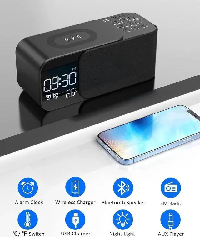 Alt view image 3 of 7 - JAENFONG Alarm Clock Radio with Wireless Charger, Clock Radio with Bluetooth Speaker & Aux, Dual Alarms with 8 Sounds, Snooze, USB Charging Port, 3 Levels Dimmer Nightlight for Bedroom