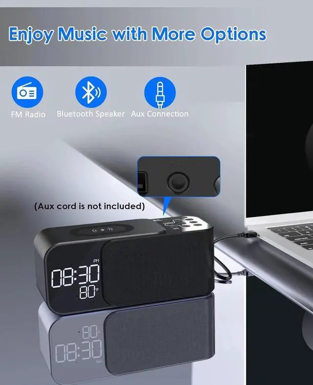 Alt view image 7 of 7 - JAENFONG Alarm Clock Radio with Wireless Charger, Clock Radio with Bluetooth Speaker & Aux, Dual Alarms with 8 Sounds, Snooze, USB Charging Port, 3 Levels Dimmer Nightlight for Bedroom