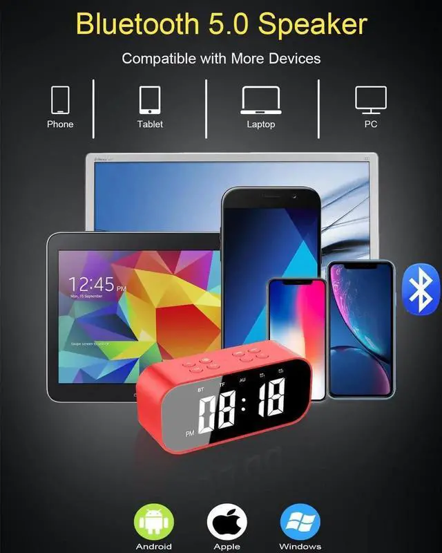 Alt view image 3 of 6 - JAENFONG Digital Alarm Clock with Bluetooth Speaker,Desk Clock for Bedroom/Office,Small Table Clock with Dual Alarms,Snooze,Dimmable LED Display,Hands-Free Calling.(12H Format,Red)