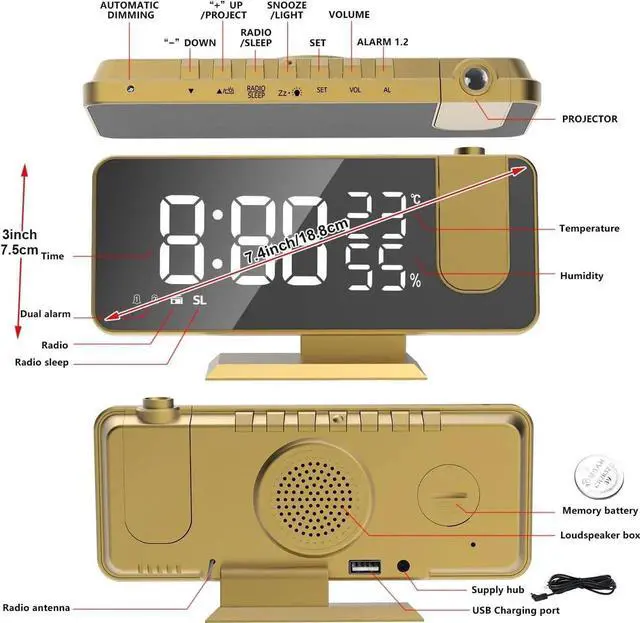 Alt view image 2 of 7 - JAENFONG Projection Digital Alarm Clock for Bedrooms,Radio Alarm Clock on Ceiling,USB Charger Port,Temperature Humidity Display,7.3Large Mirror LED Display,12/24H,Snooze,Dual Loud Alarm Clock-4 Dimmer