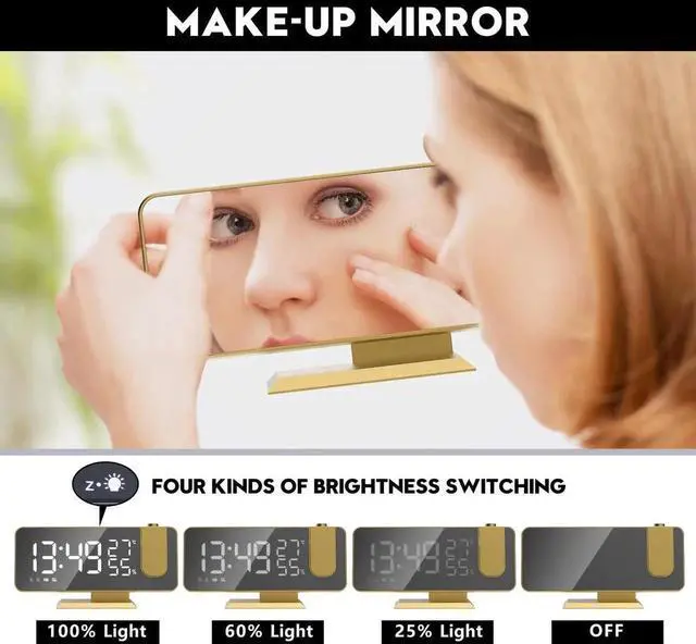 Alt view image 3 of 7 - JAENFONG Projection Digital Alarm Clock for Bedrooms,Radio Alarm Clock on Ceiling,USB Charger Port,Temperature Humidity Display,7.3Large Mirror LED Display,12/24H,Snooze,Dual Loud Alarm Clock-4 Dimmer