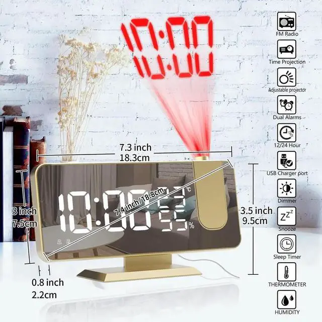 Alt view image 6 of 7 - JAENFONG Projection Digital Alarm Clock for Bedrooms,Radio Alarm Clock on Ceiling,USB Charger Port,Temperature Humidity Display,7.3Large Mirror LED Display,12/24H,Snooze,Dual Loud Alarm Clock-4 Dimmer