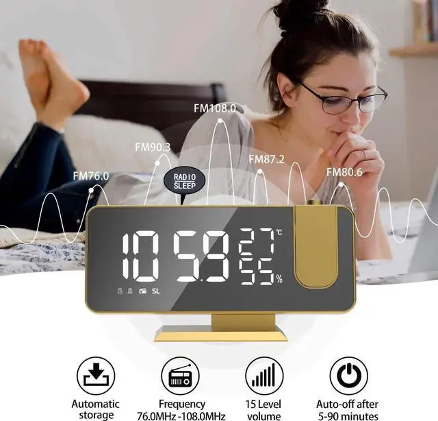 Alt view image 7 of 7 - JAENFONG Projection Digital Alarm Clock for Bedrooms,Radio Alarm Clock on Ceiling,USB Charger Port,Temperature Humidity Display,7.3Large Mirror LED Display,12/24H,Snooze,Dual Loud Alarm Clock-4 Dimmer