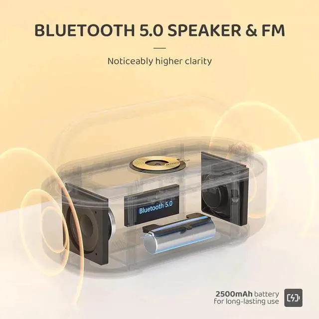 Alt view image 5 of 6 - JAENFONG Bluetooth Speaker with Digital Alarm Clock, Wireless Charger, FM Clock Radio, Adjustable LED Night Light, Dual Wireless Speakers,2500mAh Battery for Bedroom,Home, Adaptor (Wooden)