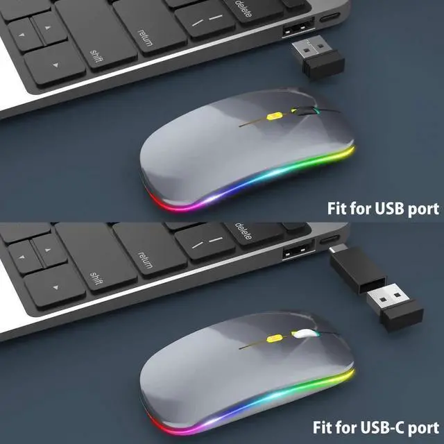 Alt view image 6 of 7 - JAENFONG Upgrade LED Wireless Mouse, Slim Silent Mouse 2.4G Portable Mobile Optical Office Mouse with USB & Type-c Receiver, 3 Adjustable DPI Levels for Notebook, PC, Laptop, Computer, MacBook -Grey