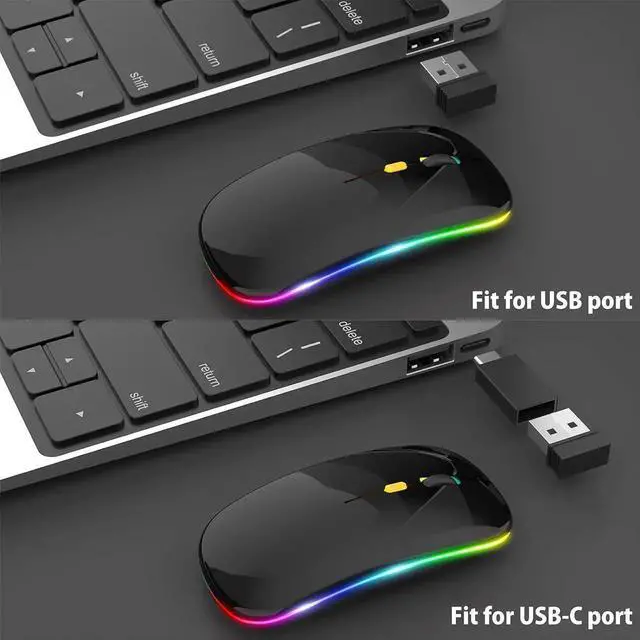 Alt view image 3 of 7 - JAENFONGUpgrade LED Wireless Mouse, Slim Silent Mouse 2.4G Portable Mobile Optical Office Mouse with USB & Type-c Receiver,3 Adjustable DPI Levels for Notebook,PC, Laptop,Computer,MacBook-Bright Black