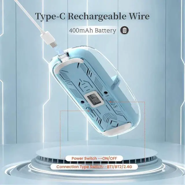 Alt view image 4 of 7 - JAENFONG Wireless Bluetooth5.1&2.4G Mini Lightweight Mouse,Transparent Clear Cool,Rechargeable Silent Computer Mice,Nano USB C Receiver,LED Battery Magic Silm for Office/PC/Mac/Laptop/Apple/ipad(Blue)