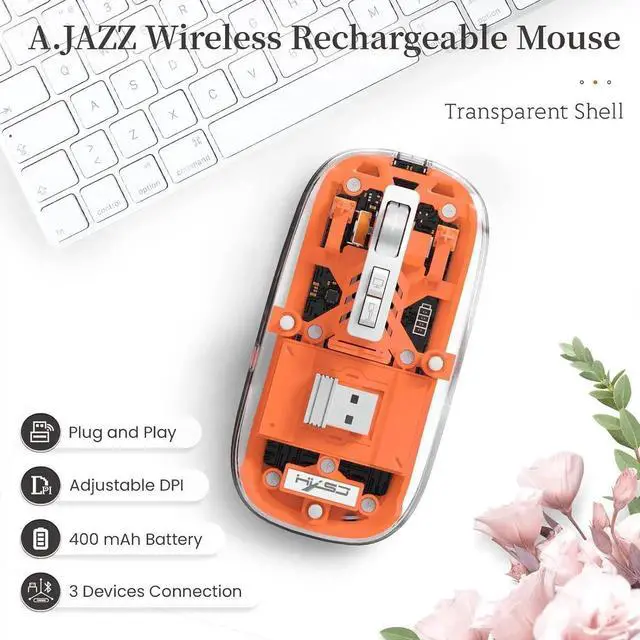 Alt view image 7 of 7 - JAENFONG Wireless Bluetooth5.1&2.4G Mini Lightweight Mouse,Transparent Clear Cool,Rechargeable Silent Computer Mice,Nano USB C Receiver,LED Battery Magic Silm for Office/PC/Mac/Laptop/Apple/ipad(Orang