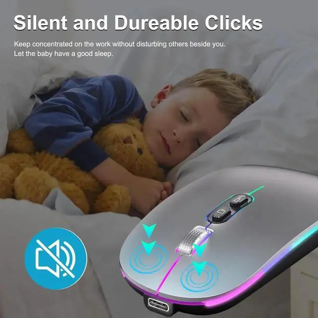 Alt view image 4 of 6 - JAENFONGUpgrade LED Wireless Mouse, Slim Silent Mouse 2.4G Portable Mobile Optical Office Mouse with USB & Type-c Receiver, 3 Adjustable DPI Levels for Notebook, PC, Laptop, Computer,MacBook Matt-Gray