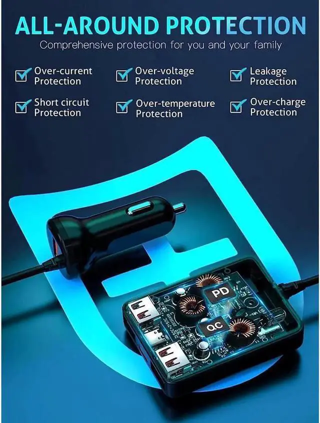 Alt view image 6 of 7 - JAENFONG USB C Car Charger, 74W Fast Car Phone Charger PD & QC 3.0 Car Charger with 6.5ft Cable for Back Seat Charging, 4 Multi Ports Cigarette Lighter Adapter Car Charger for Smartphones, Tablet PC..