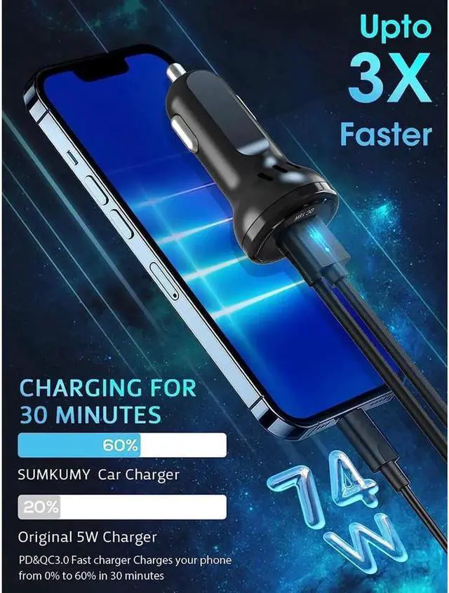 Alt view image 4 of 7 - JAENFONG USB C Car Charger, 74W Fast Car Phone Charger PD & QC 3.0 Car Charger with 6.5ft Cable for Back Seat Charging, 4 Multi Ports Cigarette Lighter Adapter Car Charger for Smartphones, Tablet PC..