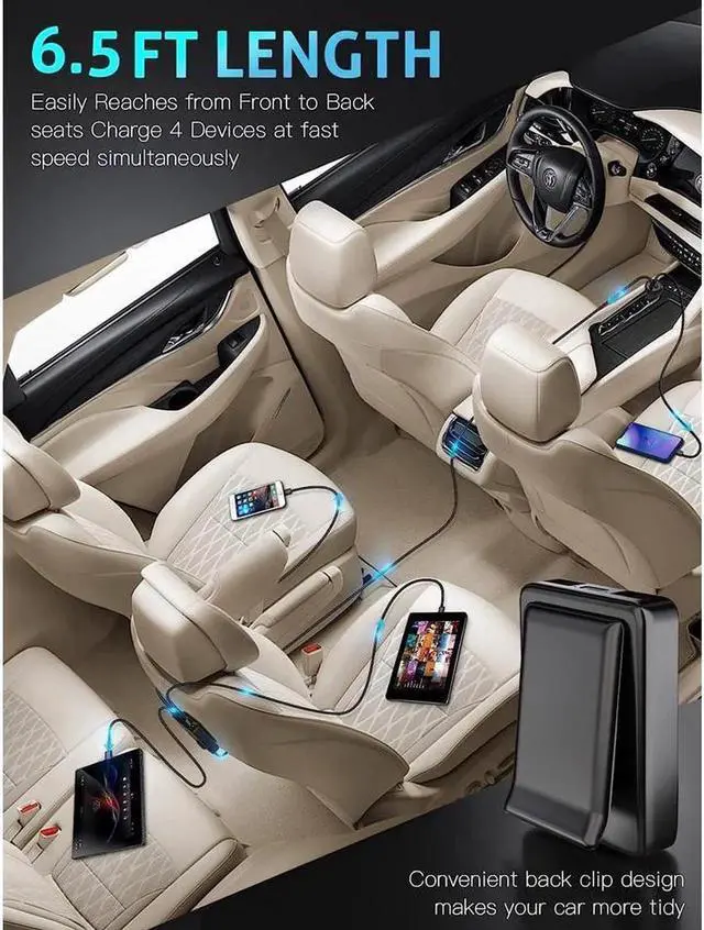 Alt view image 2 of 7 - JAENFONG USB C Car Charger, 74W Fast Car Phone Charger PD & QC 3.0 Car Charger with 6.5ft Cable for Back Seat Charging, 4 Multi Ports Cigarette Lighter Adapter Car Charger for Smartphones, Tablet PC..