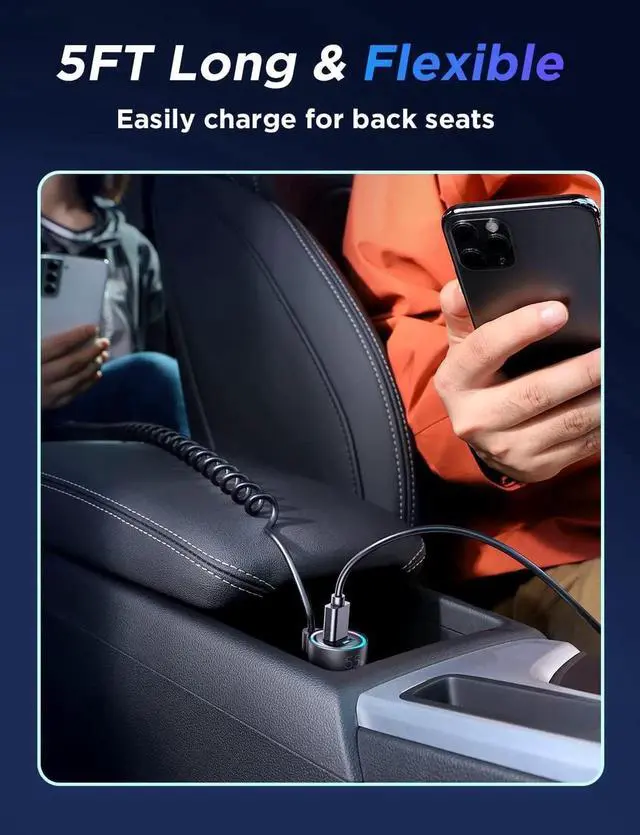 Alt view image 4 of 7 - USB C 60W Super Fast Car Charger PD& QC3.0 with 5ft 30W Type C Coiled Cable, Car Phone Charger Adapter for iPhone 15 Pro Max Plus, Samsung Galaxy S23/S22/S21, Google Pixel/Moto/LG/Android, iPad