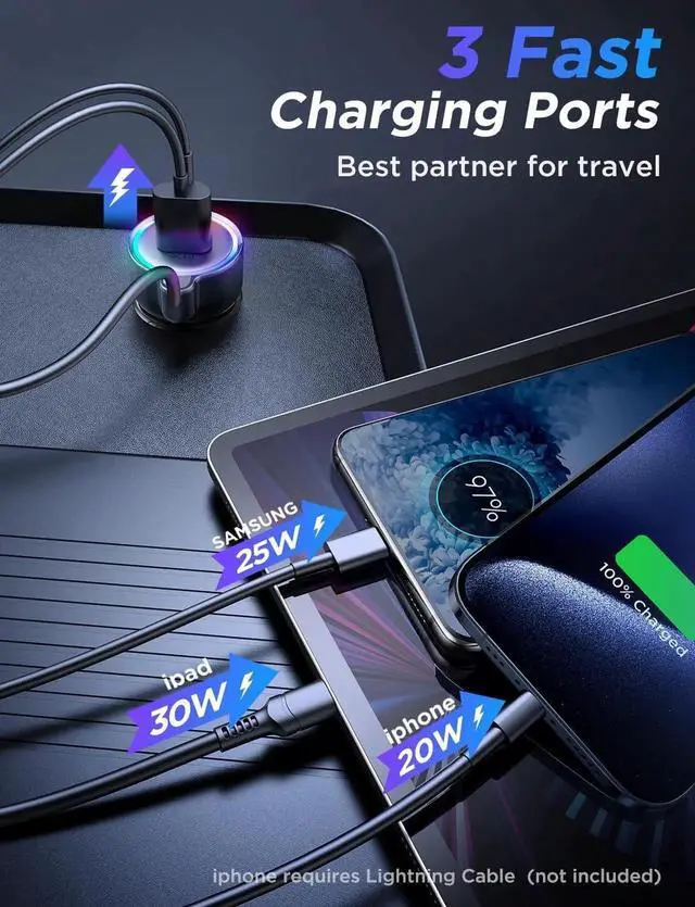 Alt view image 2 of 7 - USB C 60W Super Fast Car Charger PD& QC3.0 with 5ft 30W Type C Coiled Cable, Car Phone Charger Adapter for iPhone 15 Pro Max Plus, Samsung Galaxy S23/S22/S21, Google Pixel/Moto/LG/Android, iPad