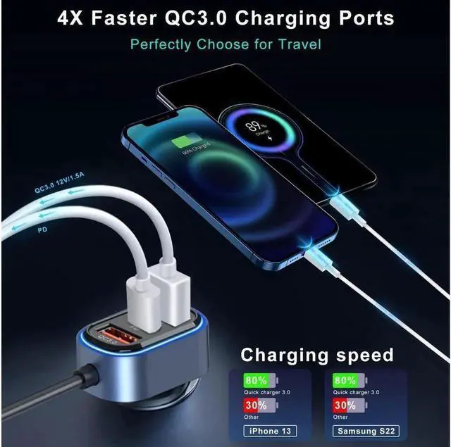 Alt view image 7 of 7 - JAENFONG 6 Multi Ports USB Car Charger, 65W QC3.0 Power PD Fast Car Charger Adapter, Type C Cigarette Lighter Charger for Cellphone Charging with 5FT Extension Cable & Back Clip Design