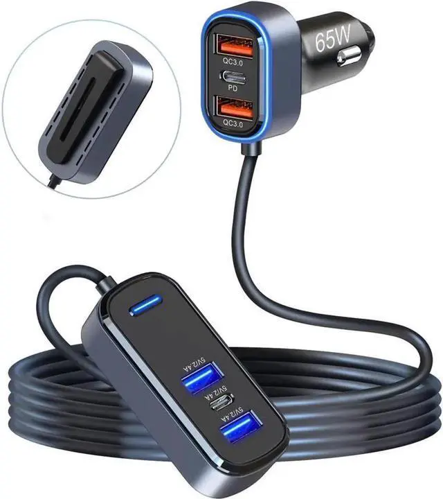 Main image of JAENFONG 6 Multi Ports USB Car Charger, 65W QC3.0 Power PD Fast Car Charger Adapter, Type C Cigarette Lighter Charger for Cellphone Charging with 5FT Extension Cable & Back Clip Design