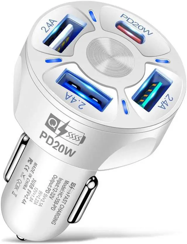 Main image of JAENFONG 4-Port Fast USB Charging with QC 3.0 Car Charger, 35W USB Car Charger Cigarette Lighter Adaptor with Blue LED for IOS Android Smartphones White