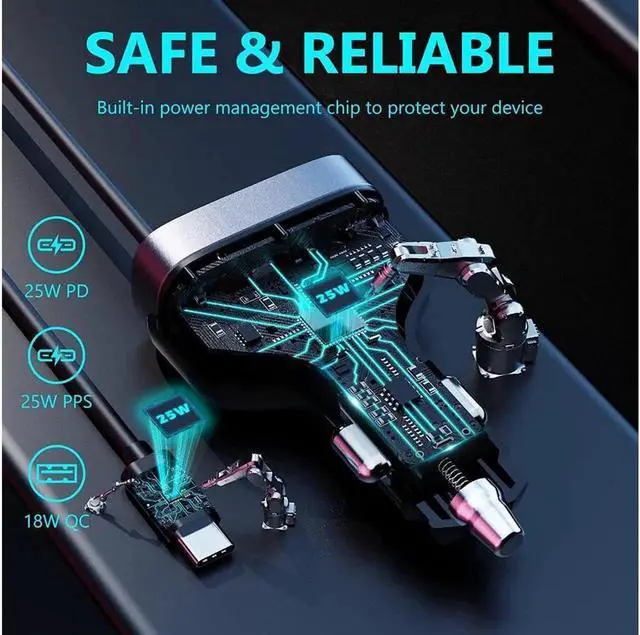 Alt view image 7 of 7 - JAENFONG USB C Fast Car Charger 50W 4-Ports, Built-in 5.9FT Type C Cable, Dual Type C and Dual USB-A Ports Charger with PD25W/PPS25W&QC18W, Compatible with IOS Android Smartphones etc..