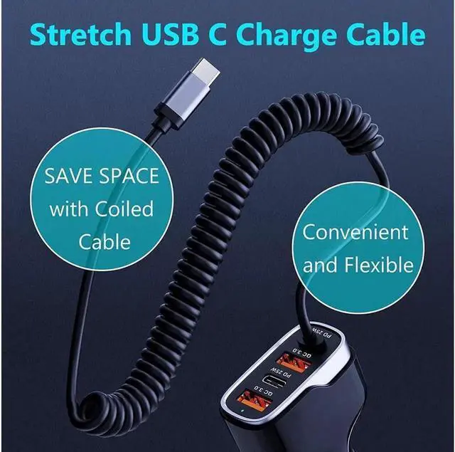 Alt view image 2 of 7 - JAENFONG USB C Fast Car Charger 50W 4-Ports, Built-in 5.9FT Type C Cable, Dual Type C and Dual USB-A Ports Charger with PD25W/PPS25W&QC18W, Compatible with IOS Android Smartphones etc..