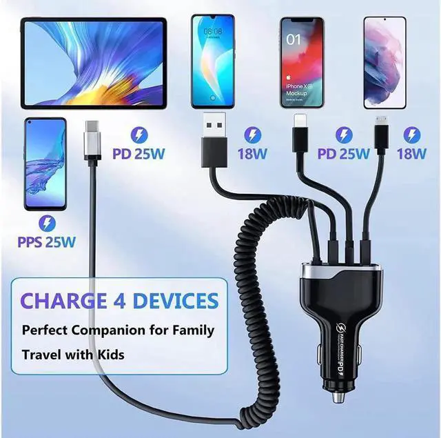 Alt view image 3 of 7 - JAENFONG USB C Fast Car Charger 50W 4-Ports, Built-in 5.9FT Type C Cable, Dual Type C and Dual USB-A Ports Charger with PD25W/PPS25W&QC18W, Compatible with IOS Android Smartphones etc..