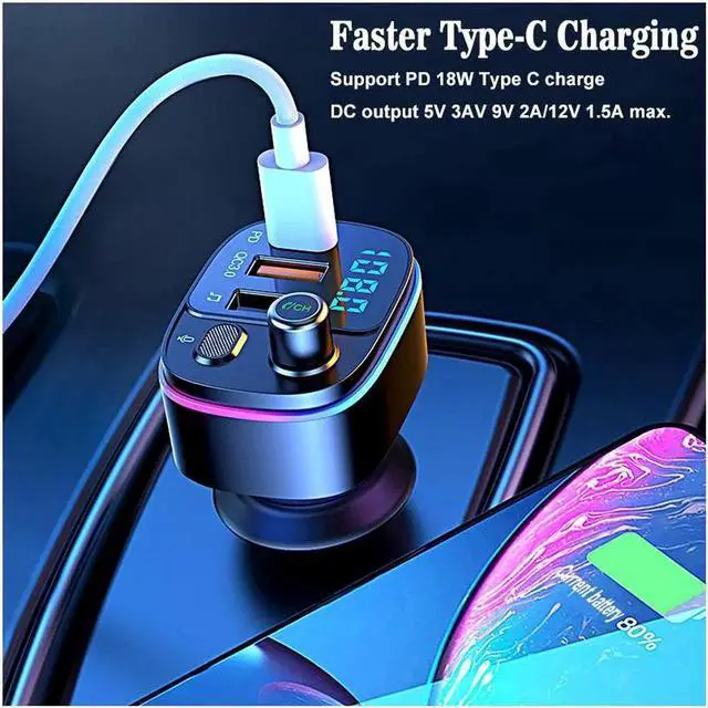 Alt view image 4 of 7 - JAENFONG Bluetooth 5.0 FM Transmitter for Car, QC3.0+Type-C PD 20W Car Charger, Wireless FM Radio Bass Sound Music Player, Car Kit with Hands-Free Calls, Support U Disk,7 Colors LED Backlit