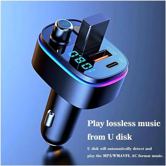 Alt view image 5 of 7 - JAENFONG Bluetooth 5.0 FM Transmitter for Car, QC3.0+Type-C PD 20W Car Charger, Wireless FM Radio Bass Sound Music Player, Car Kit with Hands-Free Calls, Support U Disk,7 Colors LED Backlit