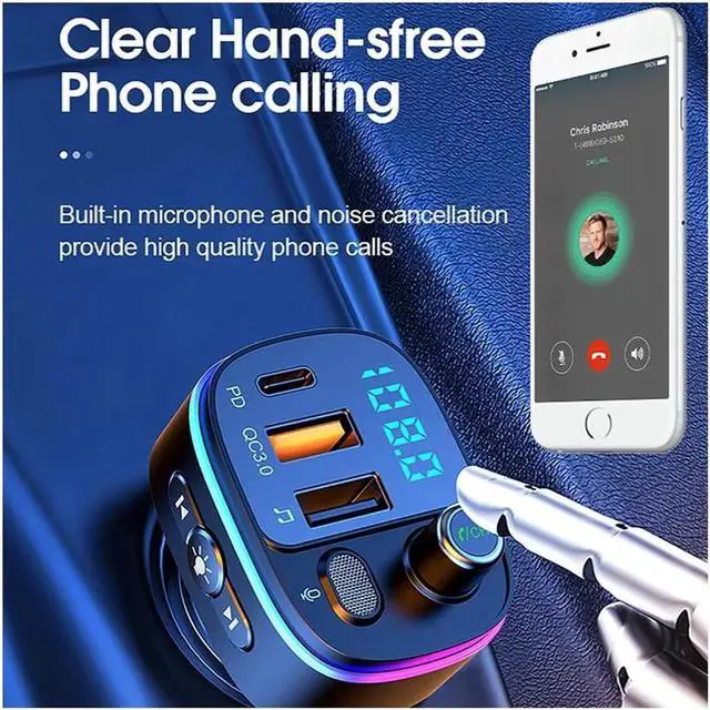 Alt view image 6 of 7 - JAENFONG Bluetooth 5.0 FM Transmitter for Car, QC3.0+Type-C PD 20W Car Charger, Wireless FM Radio Bass Sound Music Player, Car Kit with Hands-Free Calls, Support U Disk,7 Colors LED Backlit