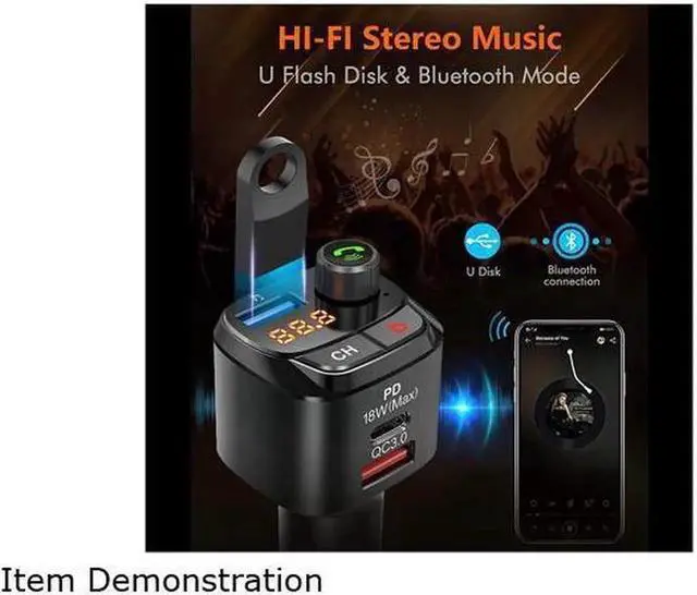 Alt view image 6 of 6 - Bluetooth 5.0FM Transmitter for Car, QC3.0+Type-C PD 18W Wireless Bluetooth FM Radio Adapter Bass Sound Music Player FM Car Kit with Hands-free Calling and 3 USB Ports Charger Support USB Drive