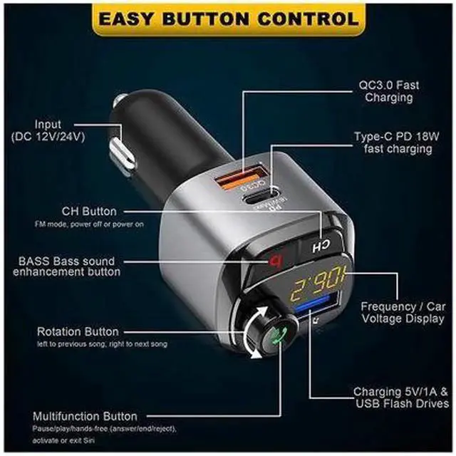 Alt view image 5 of 6 - Bluetooth 5.0FM Transmitter for Car, QC3.0+Type-C PD 18W Wireless Bluetooth FM Radio Adapter Bass Sound Music Player FM Car Kit with Hands-free Calling and 3 USB Ports Charger Support USB Drive