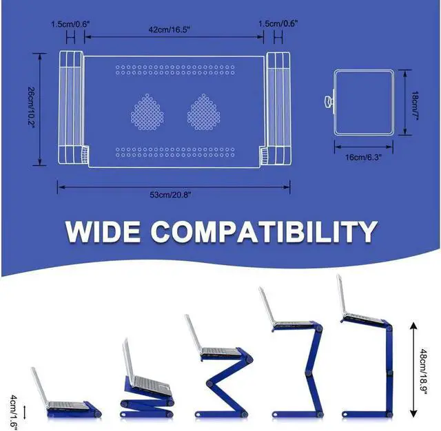 Alt view image 7 of 7 - JAENFONG Laptop Stands Adjustable Lap Desks Portable Laptop Bed Table with Cooling Fans & Mouse Pad for Couch, Bed, Sofa Blue