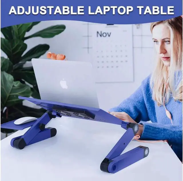Alt view image 6 of 7 - JAENFONG Laptop Stands Adjustable Lap Desks Portable Laptop Bed Table with Cooling Fans & Mouse Pad for Couch, Bed, Sofa Blue