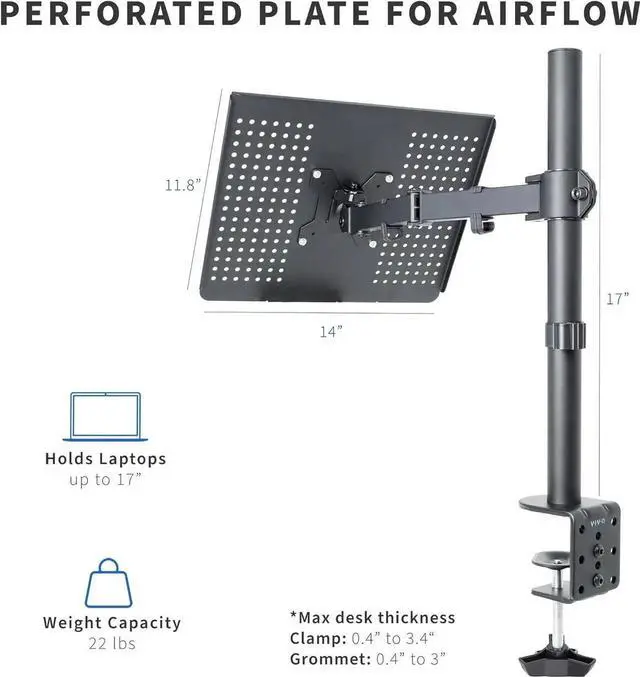 Alt view image 2 of 7 - JAENFONG Single Laptop Notebook Desk Mount Stand, Fully Adjustable Extension with C-clamp, Fits up to 17 inch Laptops, Black, STAND-V001L