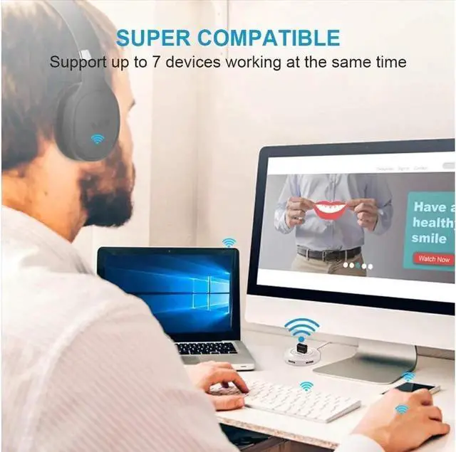 Alt view image 6 of 6 - JAENFONG USB Bluetooth 5.0 Adapter for PC Win10/8.1/8/7/XP/Vista, Bluetooth Dongle Receiver/Transmitter Support Multiple Device Connections: Headset, Mouse, Keyboard, Printer, Speaker