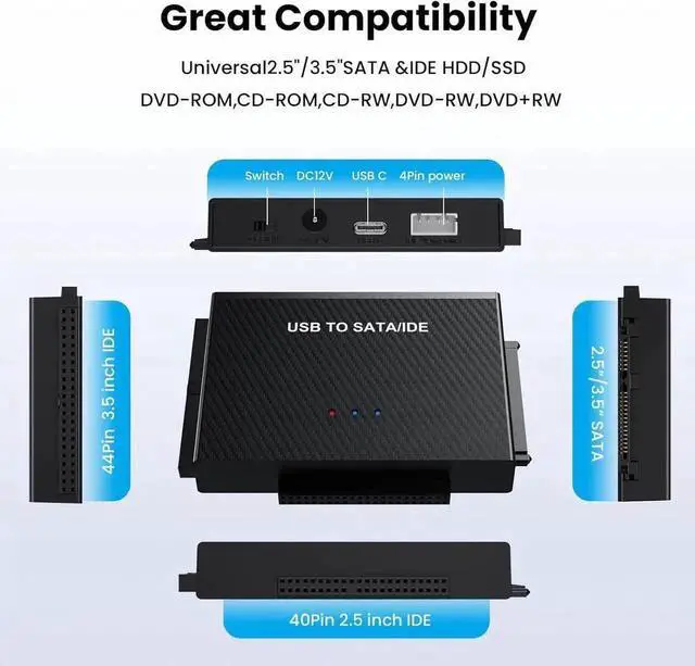 Alt view image 2 of 5 - JAENFONG USB A & USB C to SATA IDE Adapter External Hard Drive Connector Converter for Universal 2.5 3.5" HDD SSD Hard Drive Disk Optical Drive (US Plug)